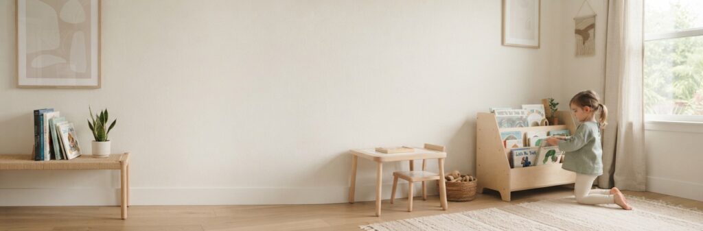 Lenavic sfeerfoto Hero Montessori geïnspireerde kinderkamer open boekenkast tafel stoeltje rust in kinderkamer