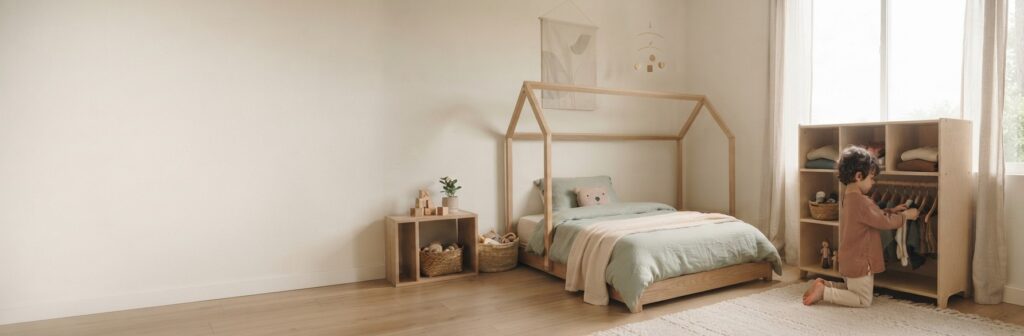 Lenavic sfeerfoto Montessori geïnspireerd kinderkamer vloerbed open kleerkast